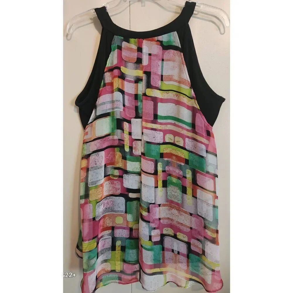 F9 Soft Works bright multicolored sheer lined tank blouse black contrast trim - Picture 8 of 11